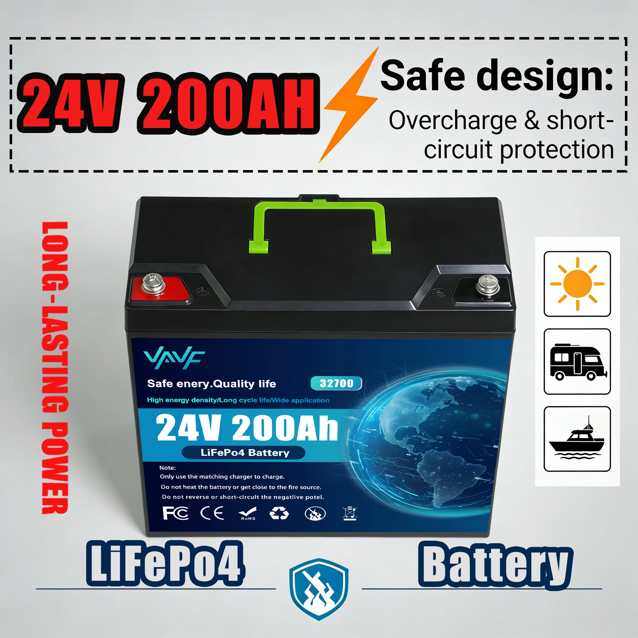 

LiFePO4 Аккумулятор 24 В 200 Ач Встроенный Smart BMS, 8000 + циклы ☀️ Подходит для солнечных панелей, фургонов-кемперов ☁️ Морские поделки, проверждающие