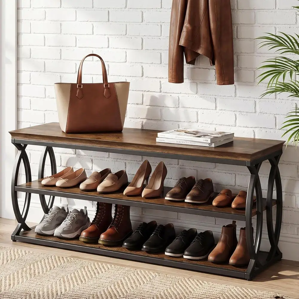 

3-Tier Rustic Wooden Shoe Storage Bench with Metal Frame for Hallway, Living Room, and Closet