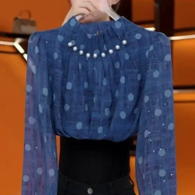 

Женский свободный утягивающий длинный топ в горошек в стиле ретро, весенне-осенний, с бисером, французский повседневный повседневный топ