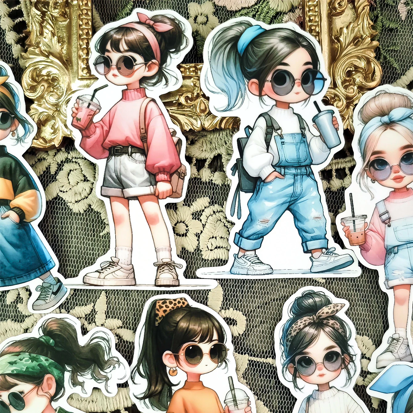 1 set Watercolor Fashionable and cute girl drinking milk tea Stickers Vintage Waterproof for Photo Album stationery scrapbooking