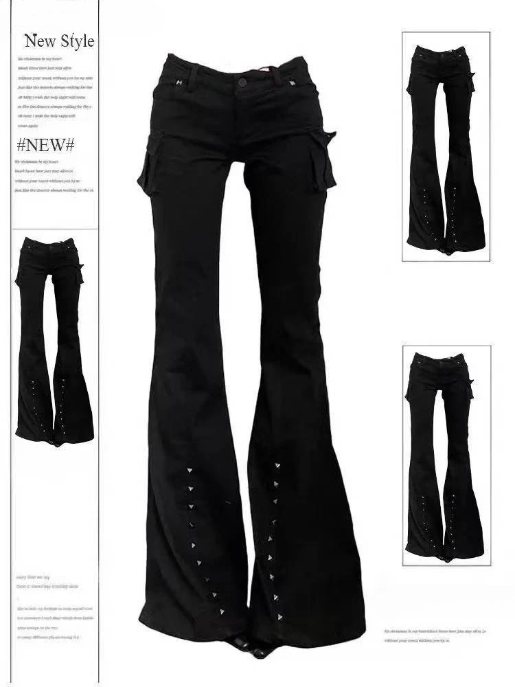 American Retro Flare Jeans Low Waist E-girl Slim Bandage Bottoms Women Fashion Black Cotton Denim Pant Trousers Y2K High Street