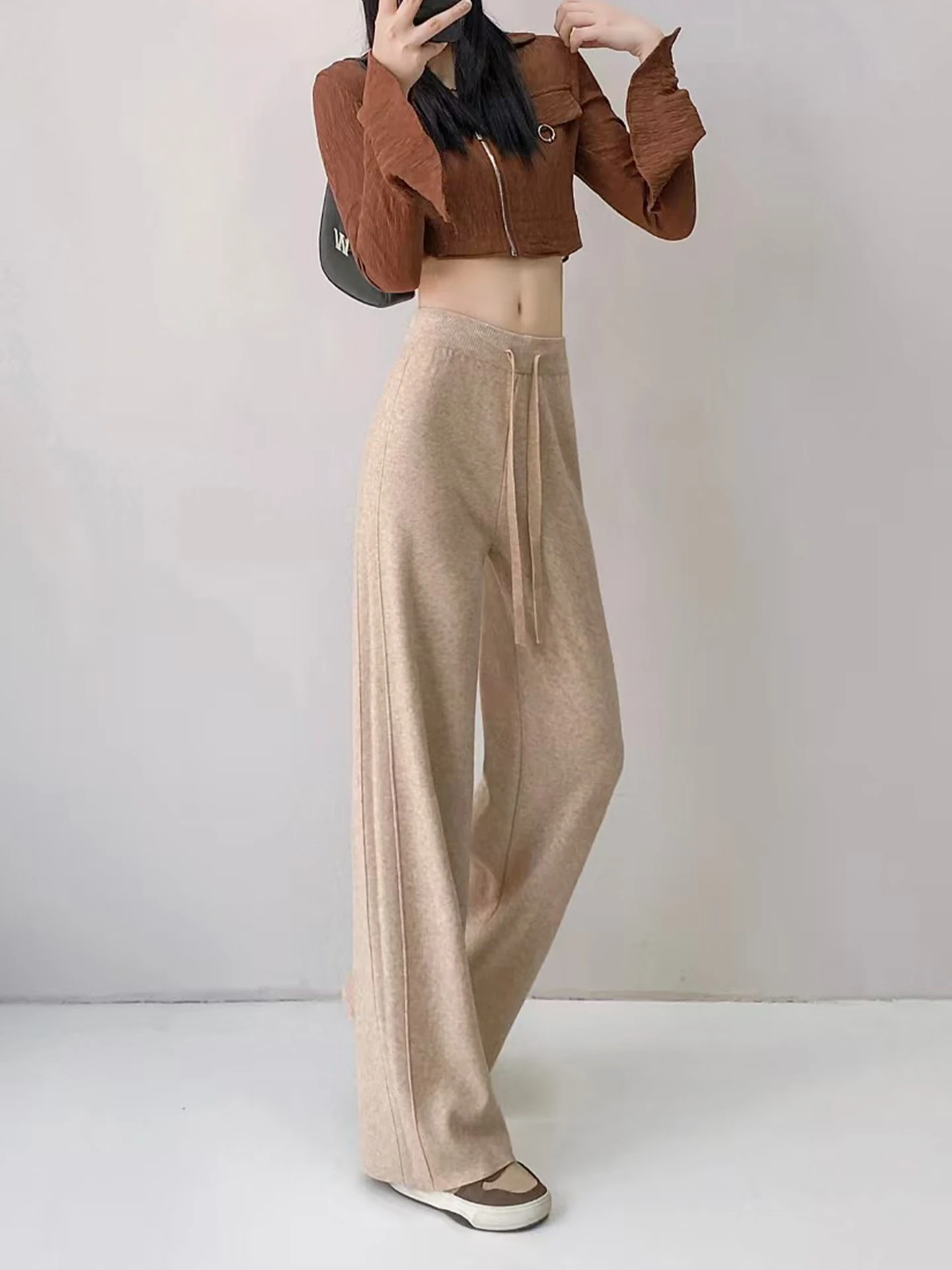 Ladies High Waist Wide Leg Woolen Pants Autumn Winter Loose Fit Drapey Side S Knitted Straight Cut Floor Length Trousers