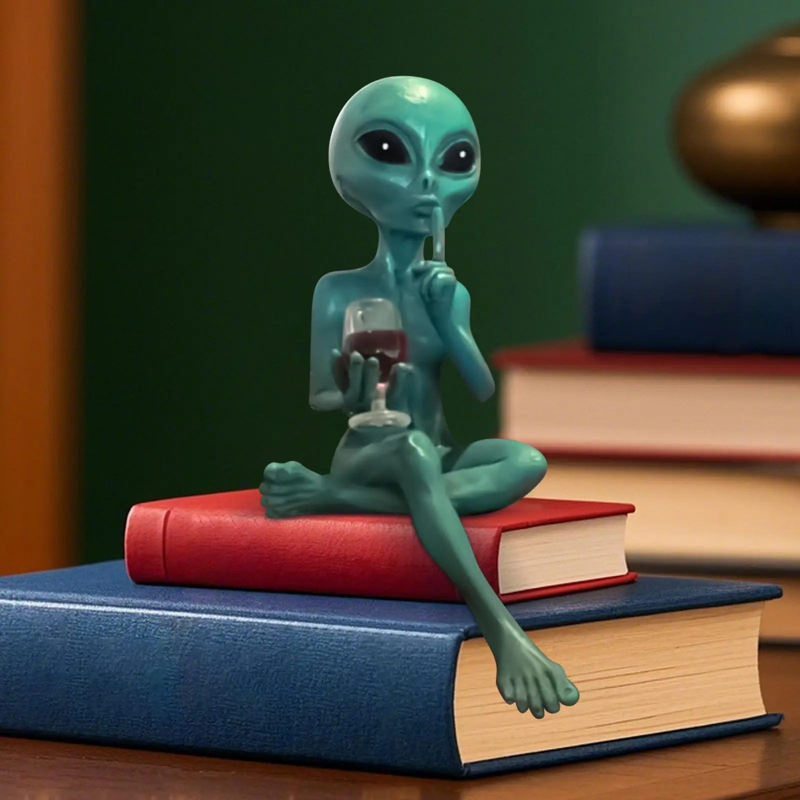 Alien Figurine Holding Wine Glass Funny Resin Statue Home Shelf Decor Quirky Gift for Halloween Party Unique Room Ornament