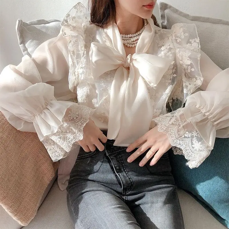 QWEEK Chiffon Lace Up Blouse Woman Summer Loose Long Sleeve Shirt Female Elegant Luxury Vintage Clothes Korean Style Aesthetic