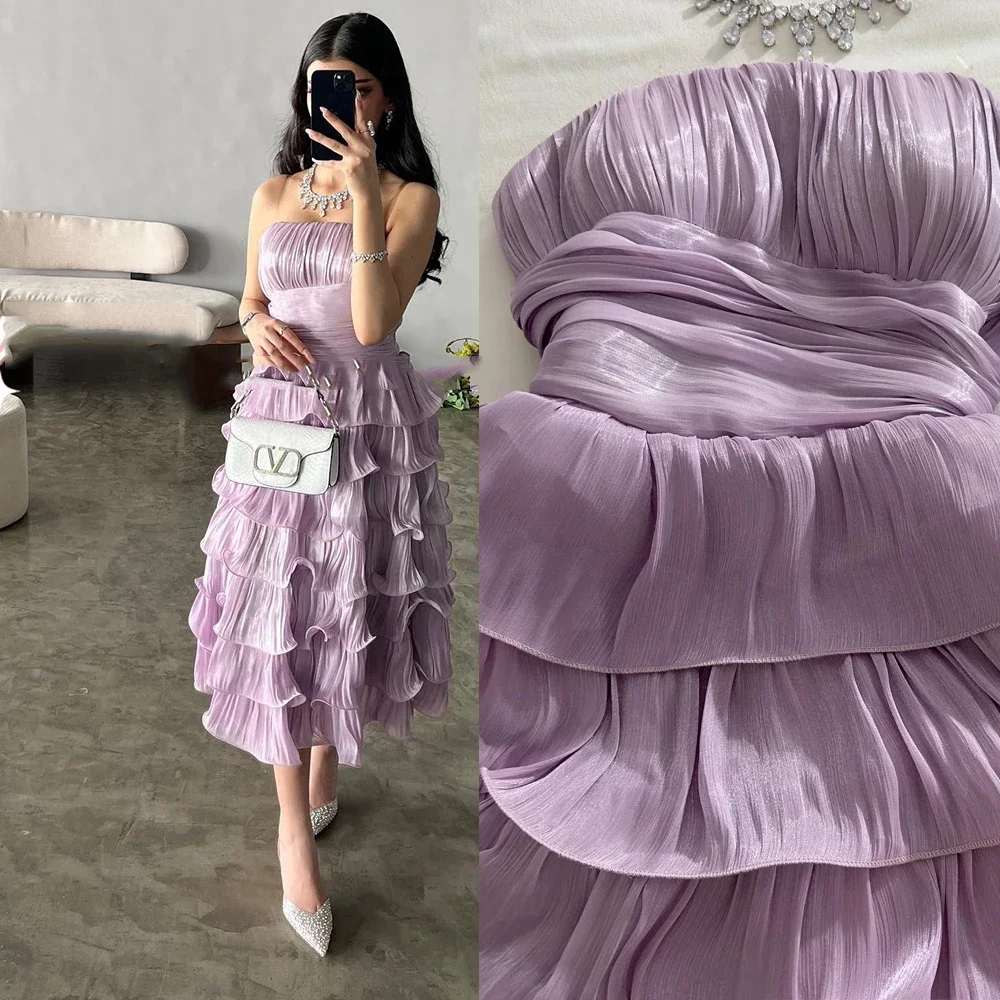 Customized A-line Backless Boat Neck Party Dress for Formal Occasions Strapless Sleeveless Elegant Pleat Ruffles Layered Dresses