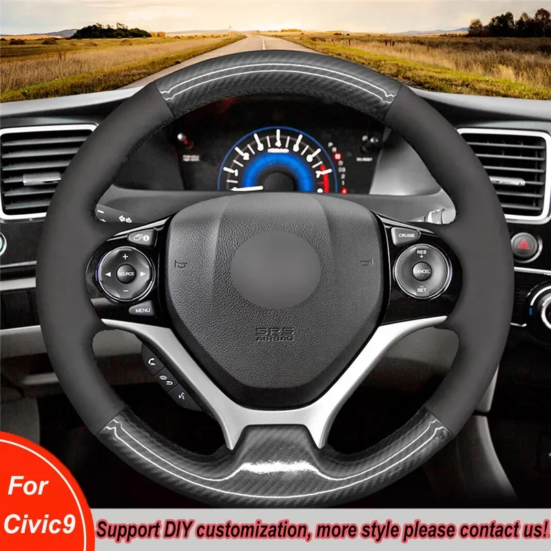Hand-sewn Anti-slip Breathable PU Carbon fiber Suede Leather Car Steering Wheel Covers Handle Cover For Honda Civic 9 2012-2025