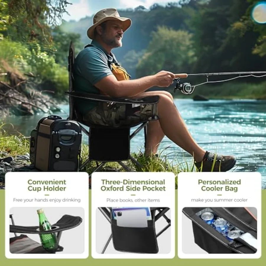 ALPHA CAMP Oversized Camping Folding Chair Heavy Duty Support 450 LBS Steel Frame Collapsible Padded Arm Chair with Cup Holder