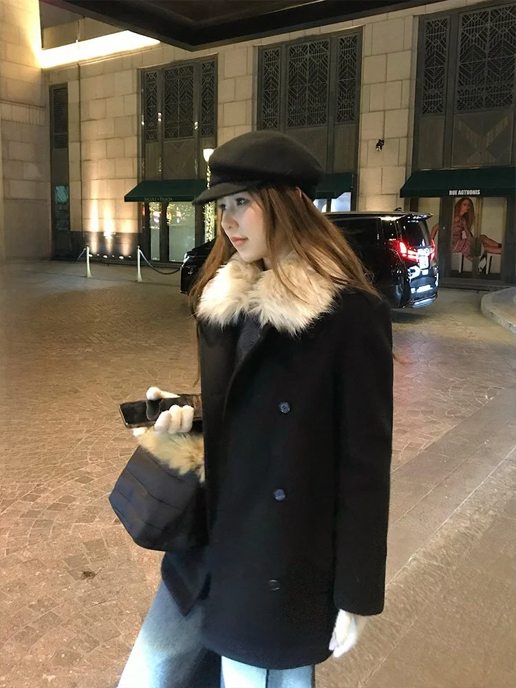 

Xzichic Double-breasted Woolen Coat Women's Tailored Lapel Outerwear Winter Versatile Korean Style Straight-cut Wool Blend