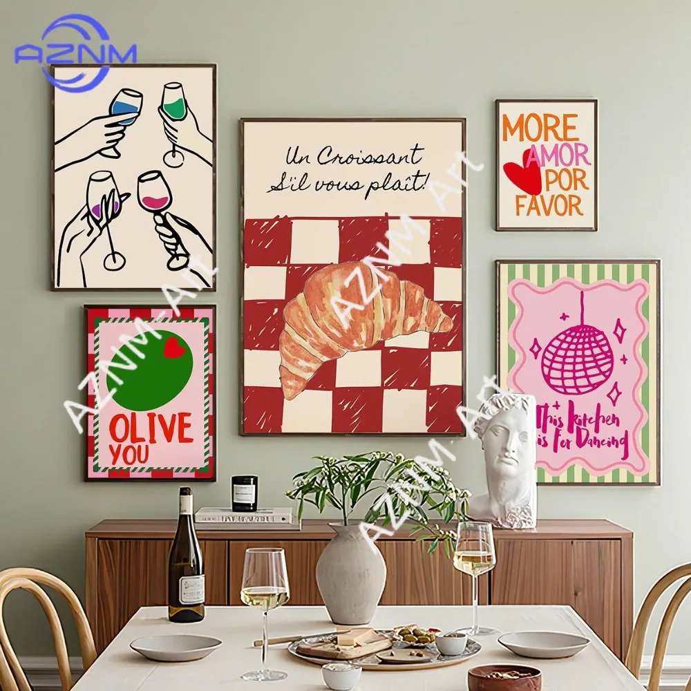 1 Stück Rahmenloses Klassisches Retro-Poster Abstraktes Leinwandgemälde 'More Love Croissant Chili' Druck für Küche und Restaurant-Dekoration