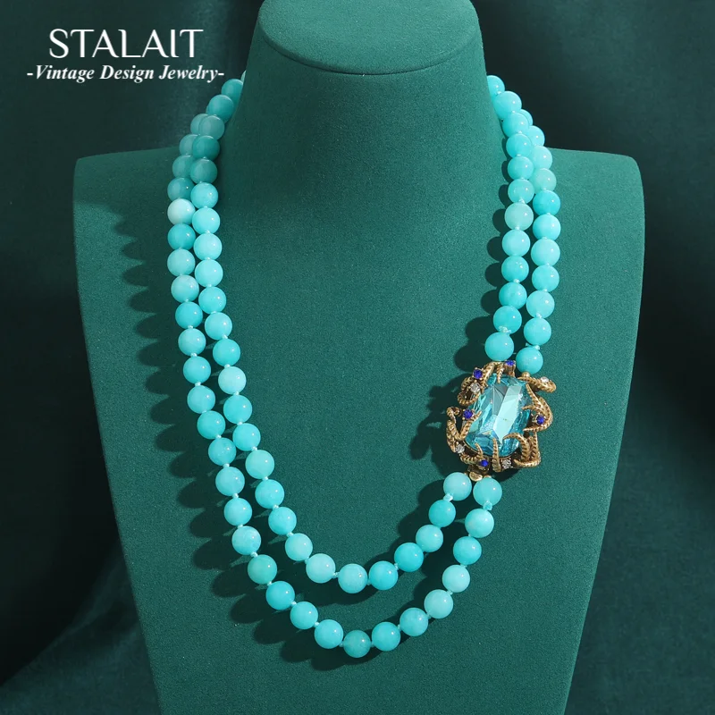 

Vintage Beaded Necklace Layered Statement Chunky Crystal Ice Blue Glass Chain Square Antique Jewelry Accessories For Women New