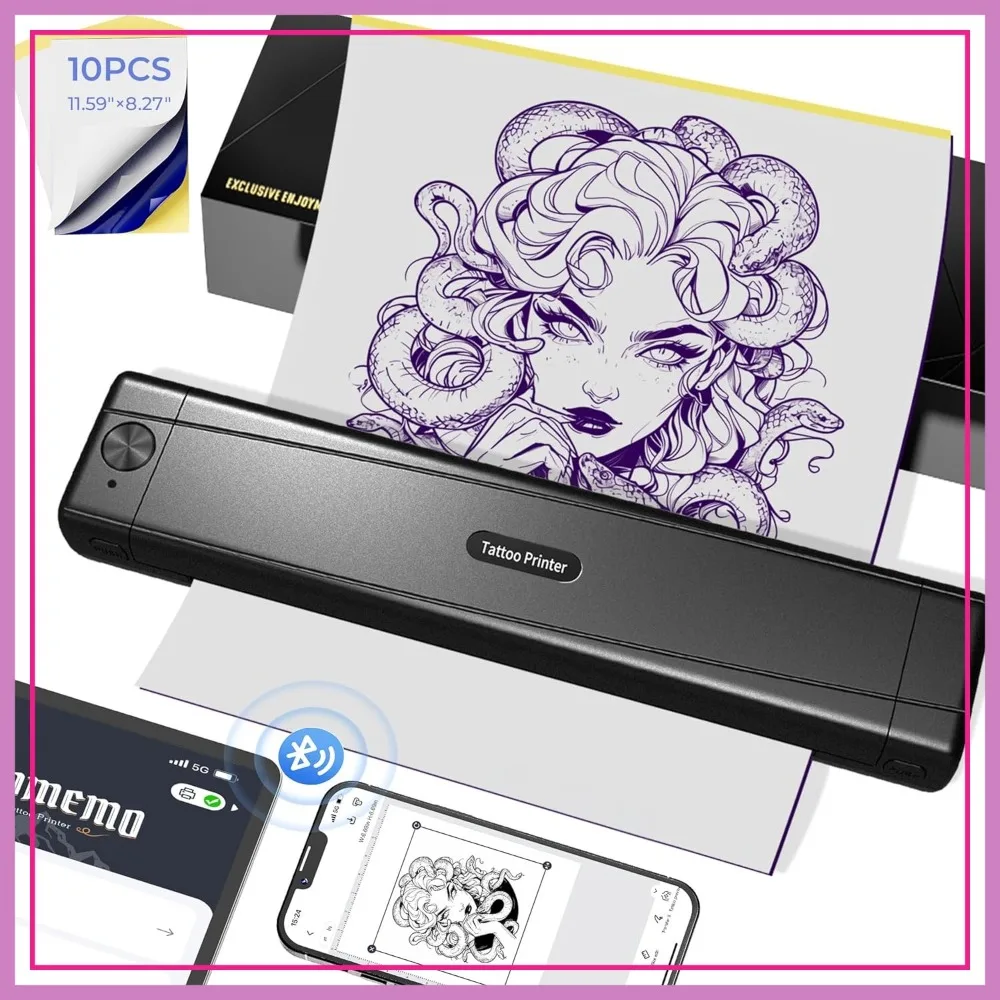 

2026 New Version Tattoo Stencil Printer Machine with 10pcs Transfer Paper, Wireless Bluetooth Thermal Printer for Tattooing Beginner & Studio, Compatible with Phone & Pad