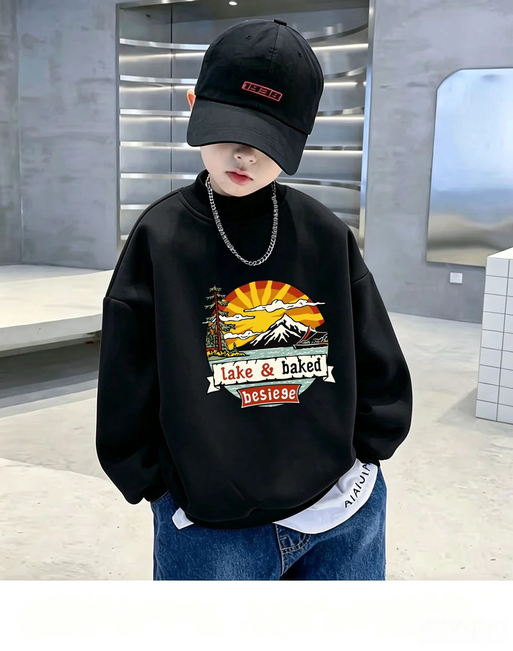 Autumn Winter Kids Mock Neck Sweatshirt Retro Mountain Lake Sunset Pine Graphic Print Boys Girls Casual Pullover Tops
