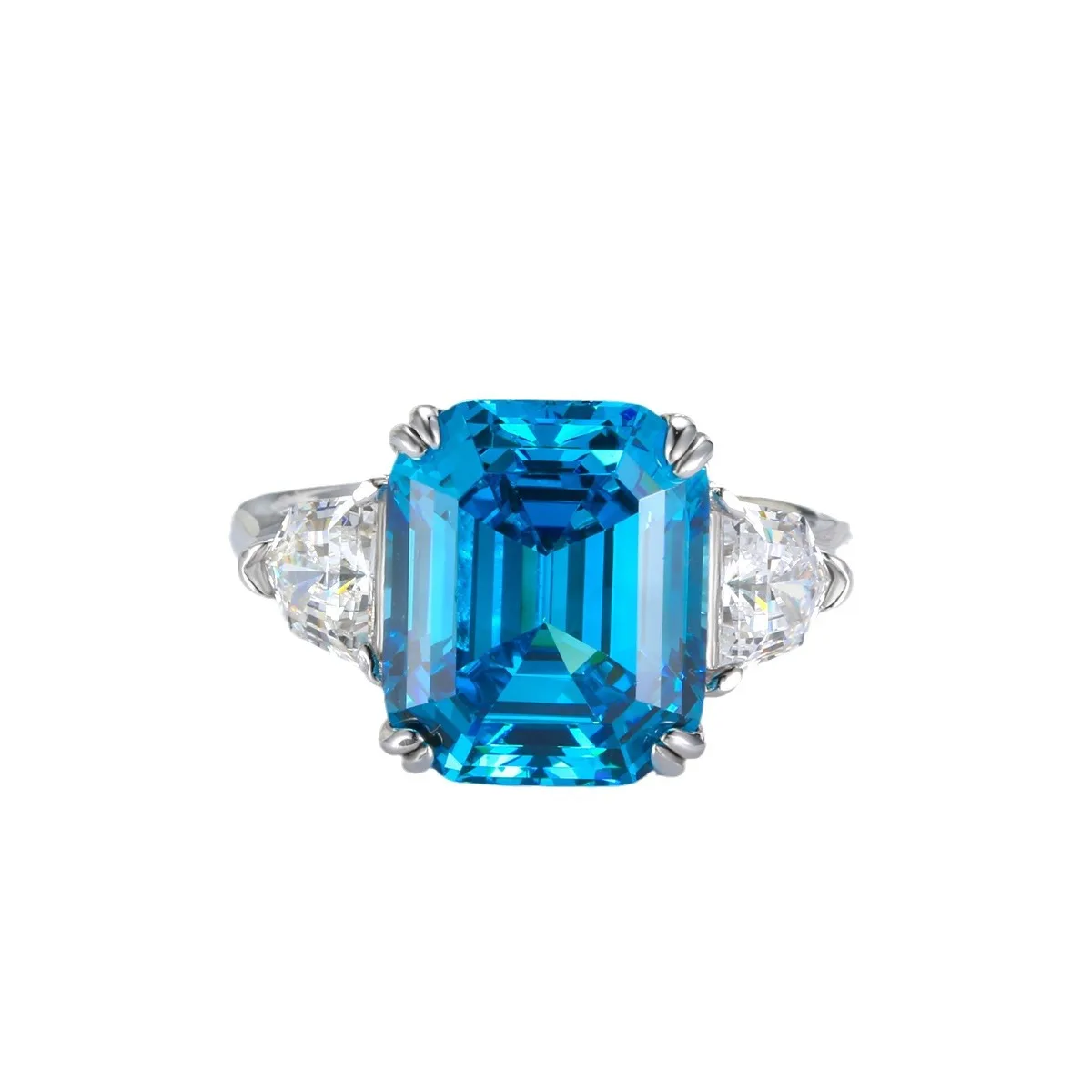 S925 sterling silver sugar cube pagoda cut ring sea blue zircon high carbon diamond ring diamond ring women's high-end jewelry