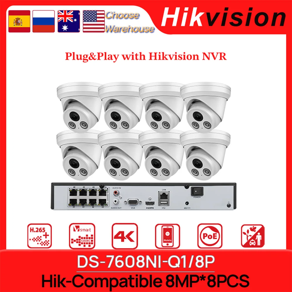 Hikvision Compatible 8MP IR Fixed IP Camera 8CH 8POE 4K NVR DS-7608NI-Q1/8P Security Surveillance 4PCS kits Support Hik-connect