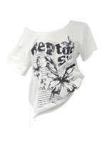 White 100% Cotton Y2k Vintage Oversize Off shoulder Short sleeve T shirt With Print Women Casual Summer Top Butterfly Tees