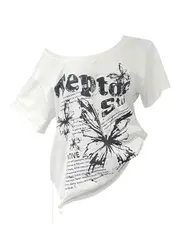 White Y2k Vintage Oversize Off shoulder Short sleeve T shirt With Print Women Casual Graphic Summer Top Butterfly Tees