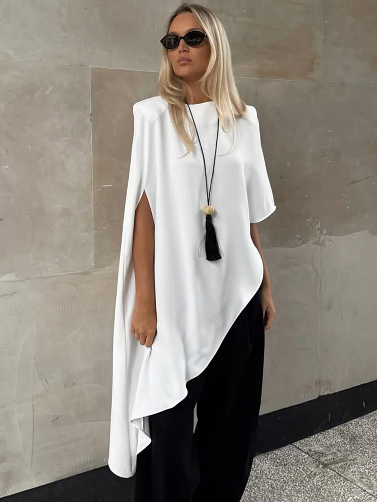 Trendix Biała Asymetryczna Narzutka Damska Modna Bluzka z Falbanką Luźna Koszula z Krótkim Rękawem Casual Elegancka Bluzka do Pracy