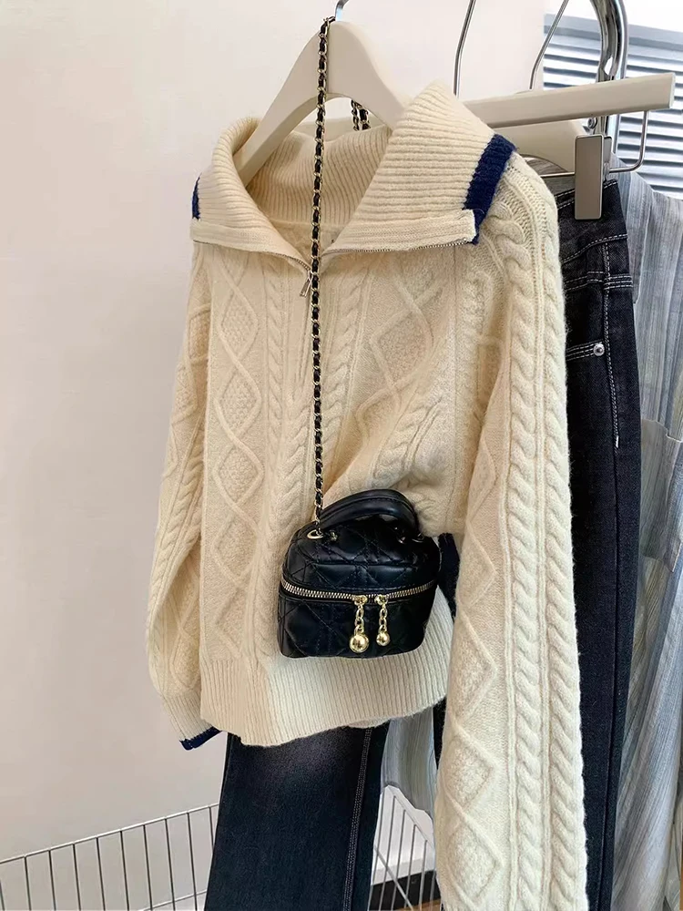 2024 Autumn And Winter New Simple Casual Polo Collar Lapel Pullover Knitted Sweater Women Half-open Zipper Loose Knit Sweater