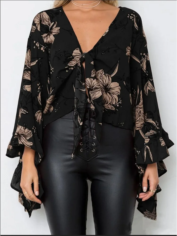 Elegante V-Hals Zwarte Bloemblaadjes Top Dames Lange Mouwen T-Shirt Herfst Casual Bloemenprint Blouse