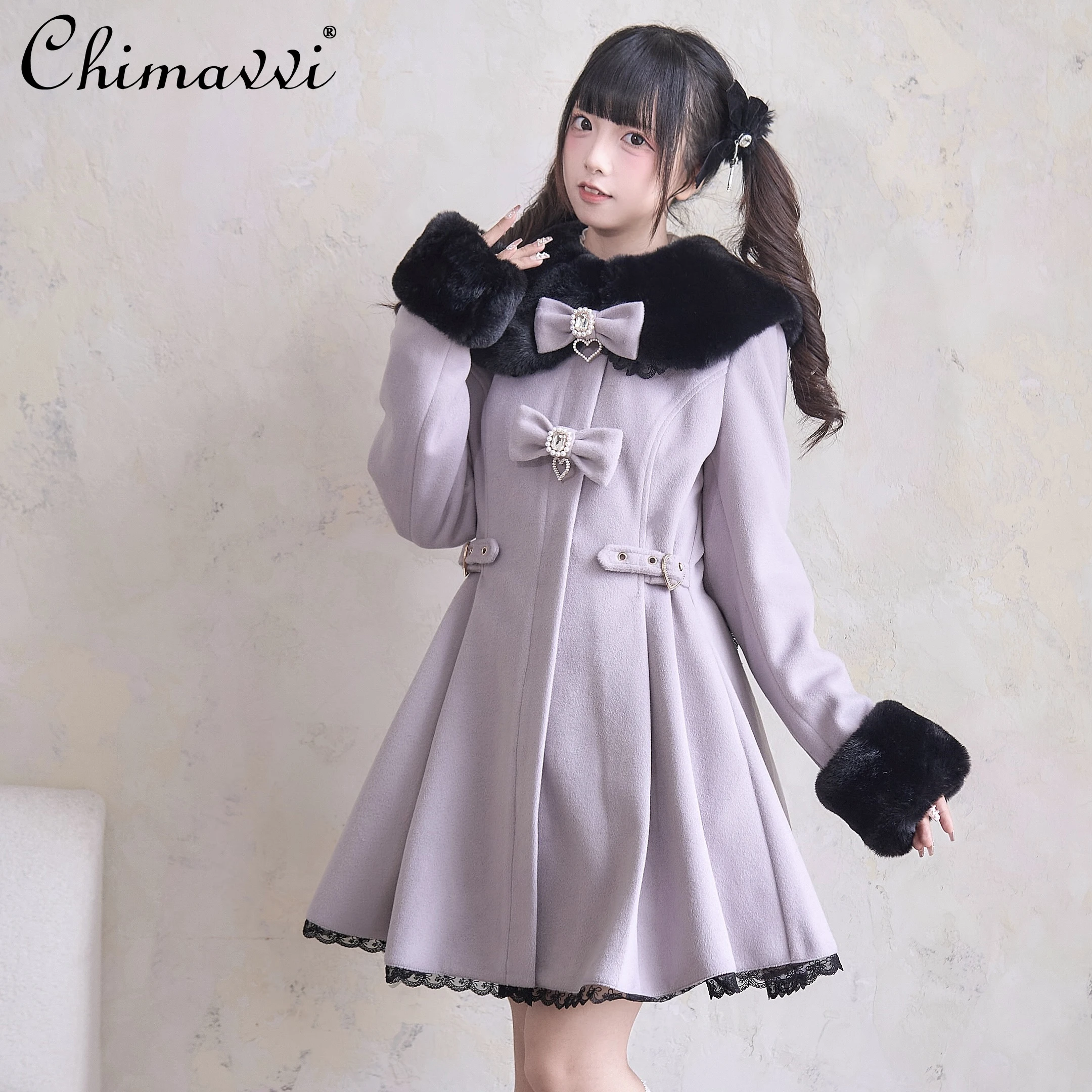 Original Sweet Bow Waist Coat Bud Suit Japanese Mine Series Mass-produced Long-sleeved Elegant Mid-length Lolita Woolen Coats