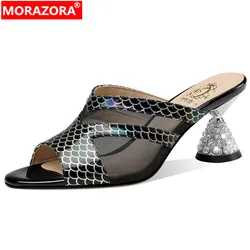 MORAZORA 2024 New Size 34-41 Fashion Genuine Leather Slippers Peep Toe Ladies Summer Shoes Spike Med Heels Slippers