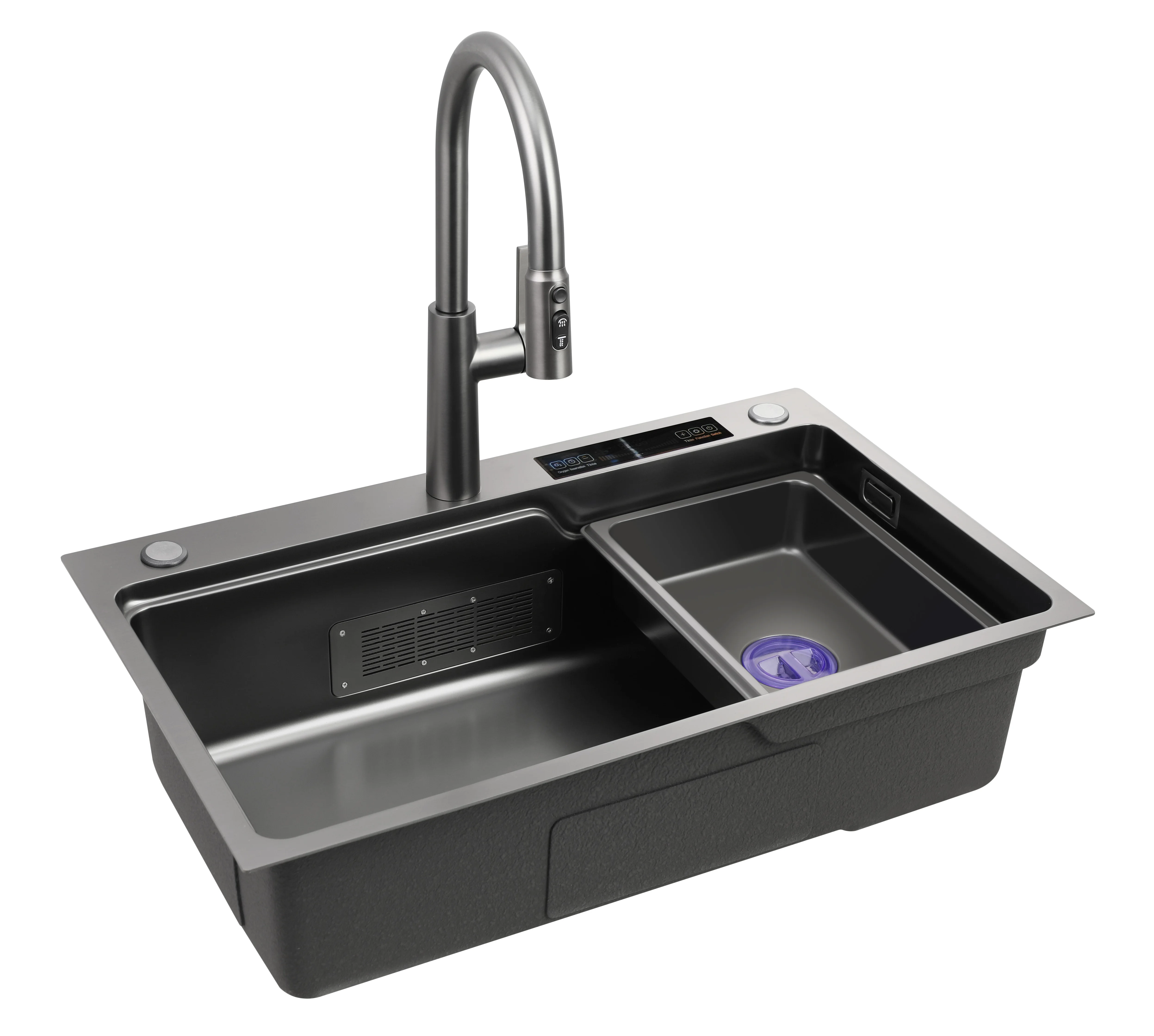 

Handmade Stainless Steel 304 Nano Black Single Bowl Kitchen Sink Topmount with Waterfall Design Digital Display Multifunctional
