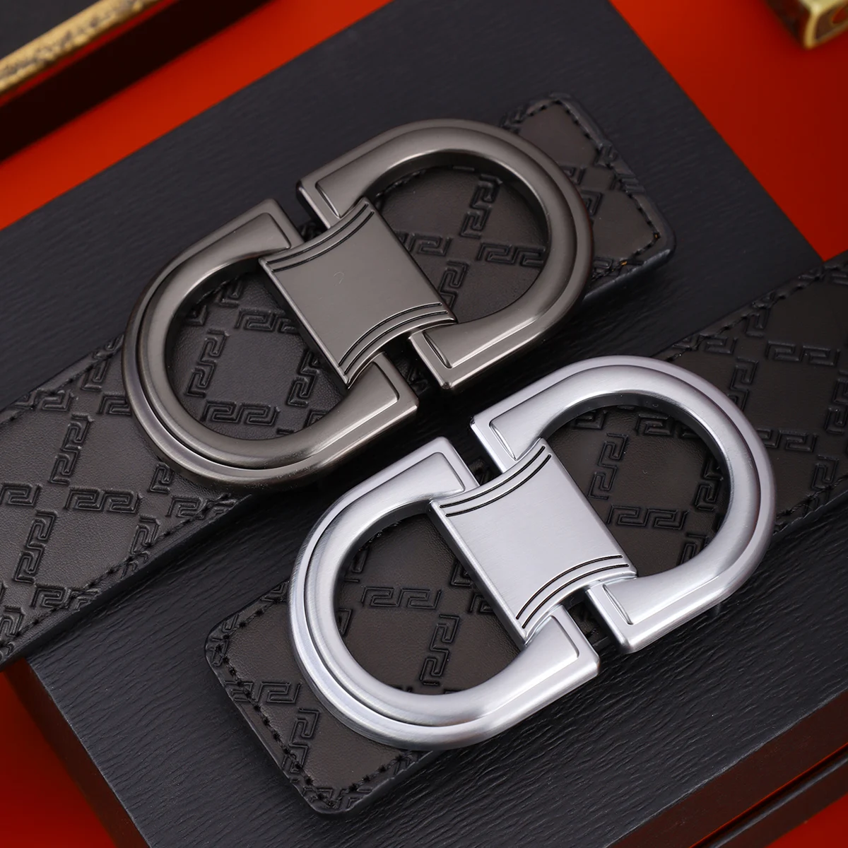 Automatic Buckle Belt for Men, Geometric Print Business Casual Jeans Belt, Party Fashion Belt, Daily Clothing Accessory