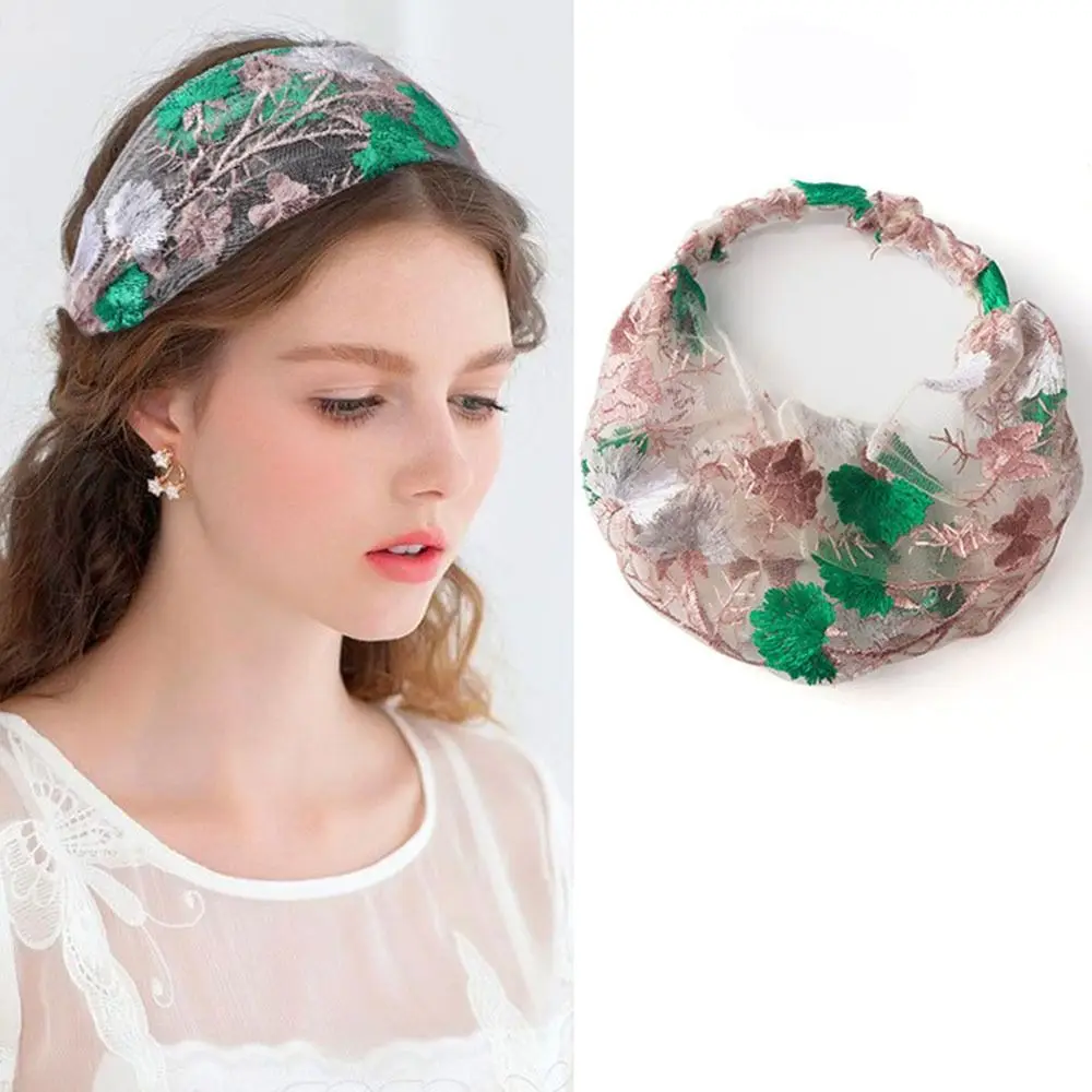 Creative Multicolor Embroidered Headscarf Thin Wide Edge Flower Pattern Headband Floral Ethnic Lace Headwear Female