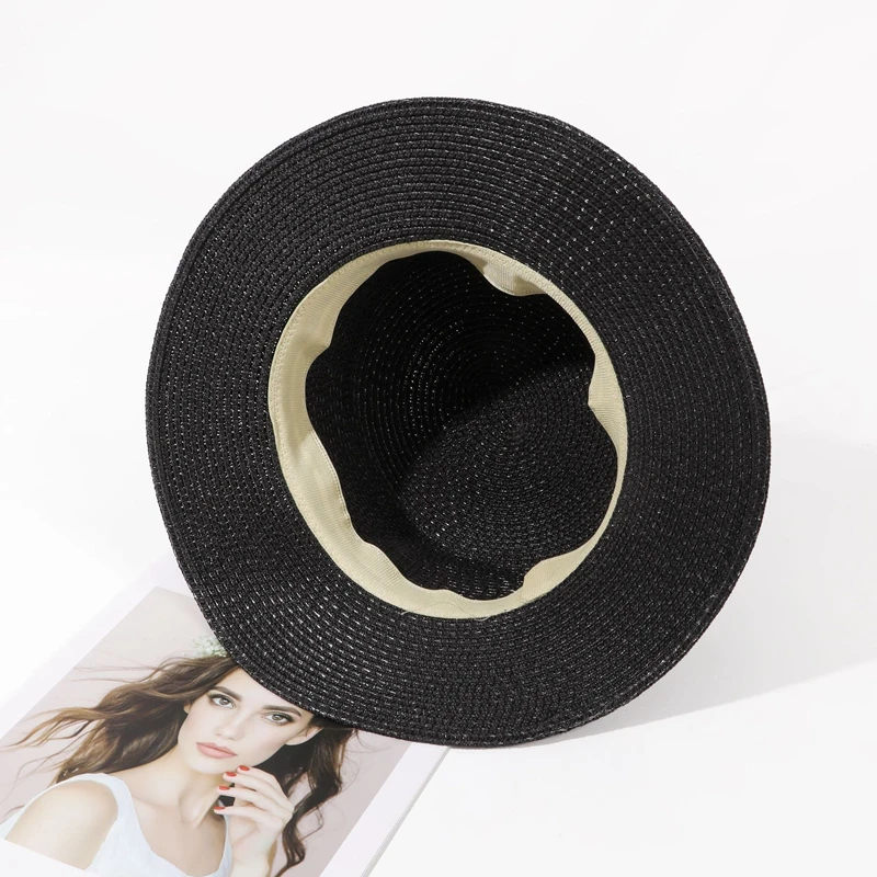 Trendy Metal R Letter Leather Buckle Flat Top Straw Hats for Women\'s Summer Sunshade Bucket Hat Female Fashion Beach Hat