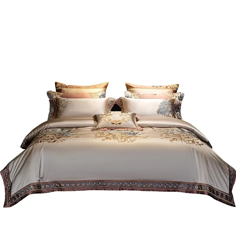 European luxury 140 silk cotton pure cotton bed cover six-piece set cotton embroidery villa model room 1.8 meters bedding