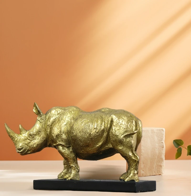 Rhinoceros Statue Resin, Gold Rhino Figurine with Black Base, Modern Luxury Living Room Office Desktop Bookshelf Decor Gift