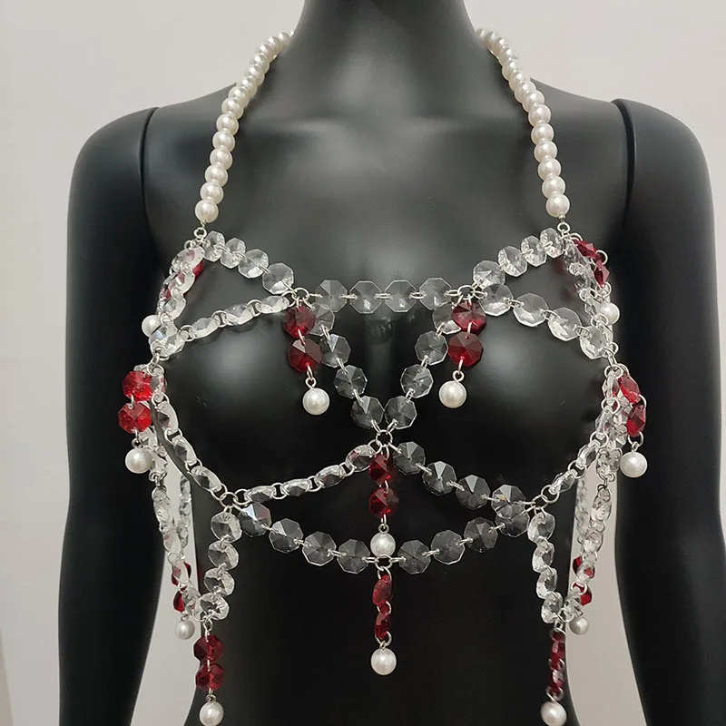 2023Exaggerated hollow glass bead body chain hand made DIY beaded chest chain