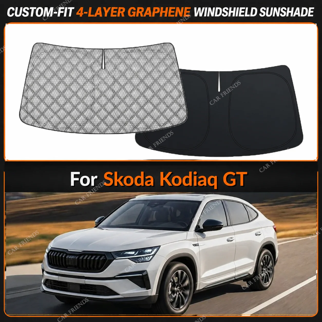 For Skoda Kodiaq GT Custom-Fit 4-Layer Graphene Windshield Sunshade Reflective Gray-Silver Surface Helps Reduce Direct Sunlight