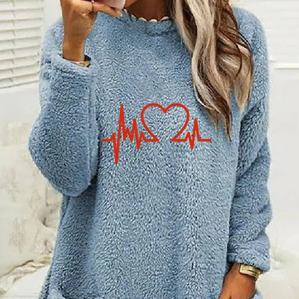 Women Sweatshirt Heart Print Loose Long Sleeve Thick Round Neck Pockets Soft Warm Mid Length Pullover Lady Loose Top