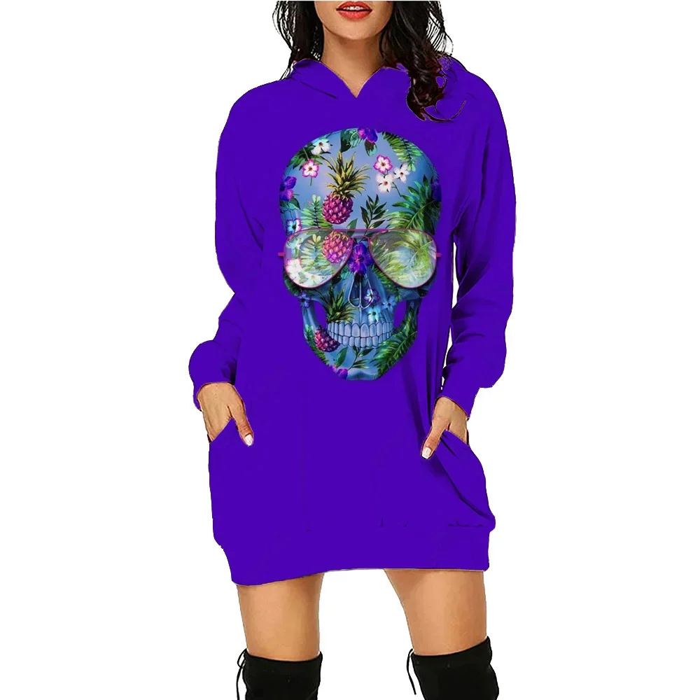 Halloween Colorflu Skull Printed Hoodie Dress Women's Daily Workout Hoodies Long Sleeve Pullover Autumn Winter Loose Tee Vestido