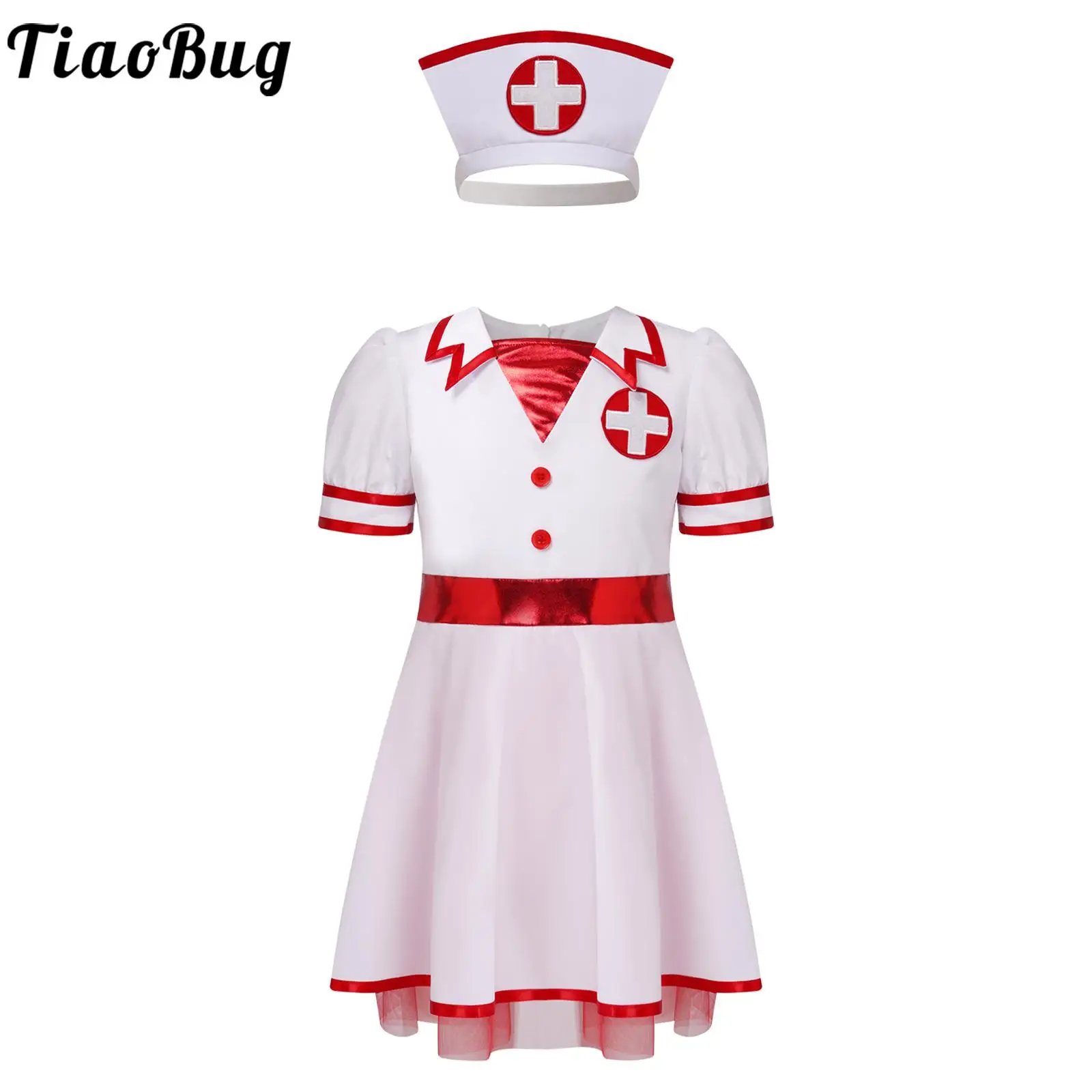 Kids Girls Nurse Uniform Cosplay Costume Puff Sleeve Cross Nurse Dress with Hat for Halloween Carnival Party Role Play Dress Up