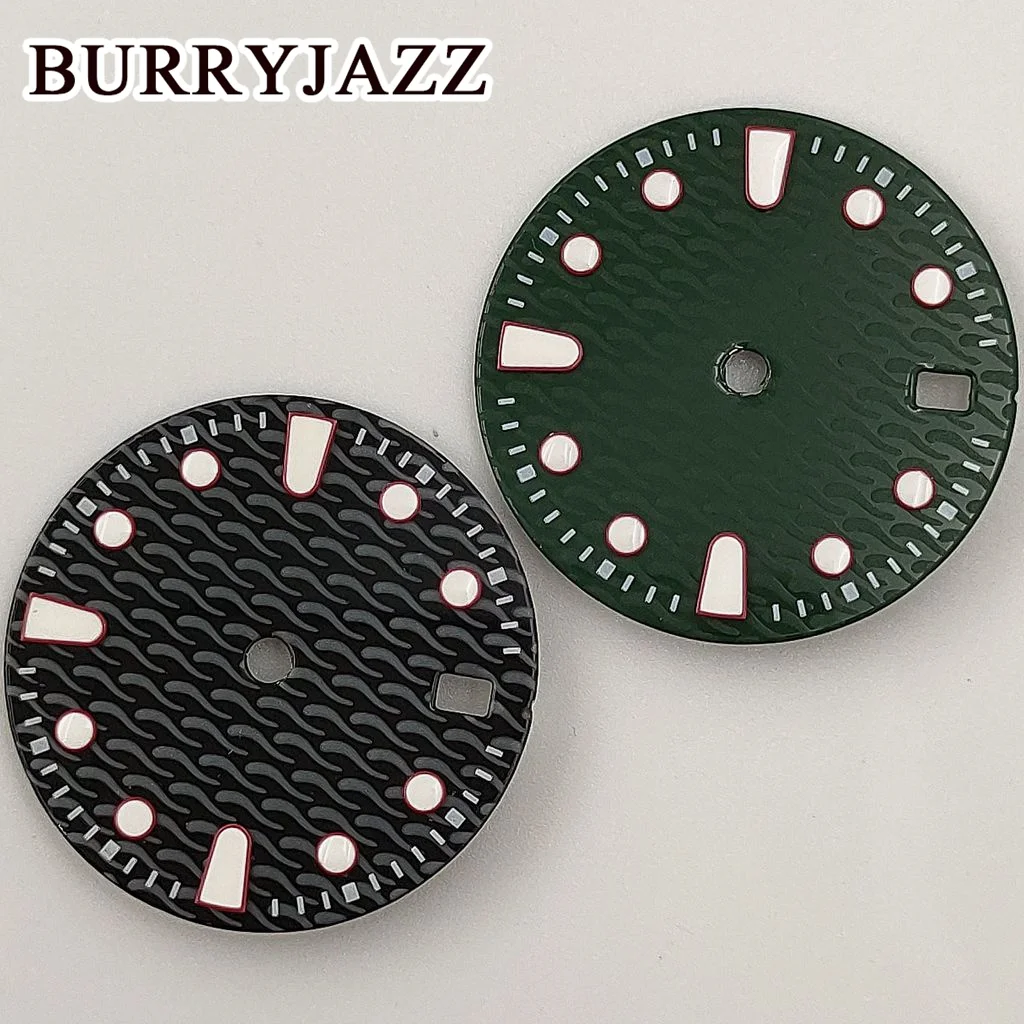 BURRYJAZZ 시계 다이얼, 블랙 그린 블루 다이얼, 로고 없음, NH35, 28.5mm