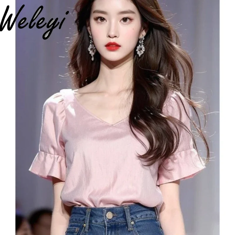 

Luxury Women's Pink Shirt Summer French Style Unique Top Light Pink V-neck Ruffled Short Sleeve Shirts High-End Blouse Female