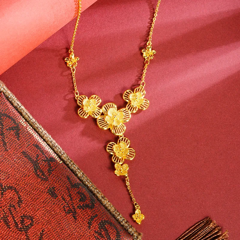 

Luxury 24K 9999 Pure Gold real gold Women's Plum Blossom Snow Hollow Flower Tassel Necklace