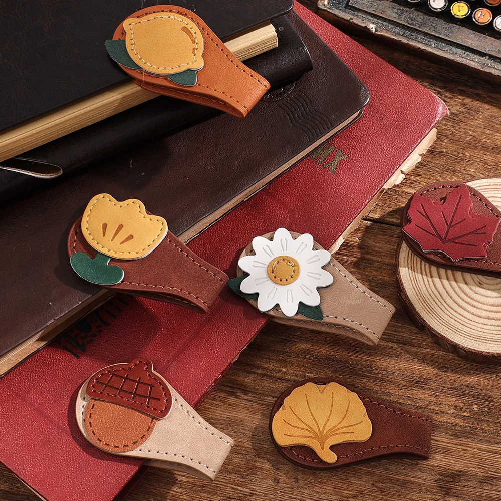 Marcapáginas de cuero con borla de cuerda de cuero, herramienta de lectura de marcadores de página de frutas y plantas botánicas cosidas a mano para amantes de los libros, 1 ud.