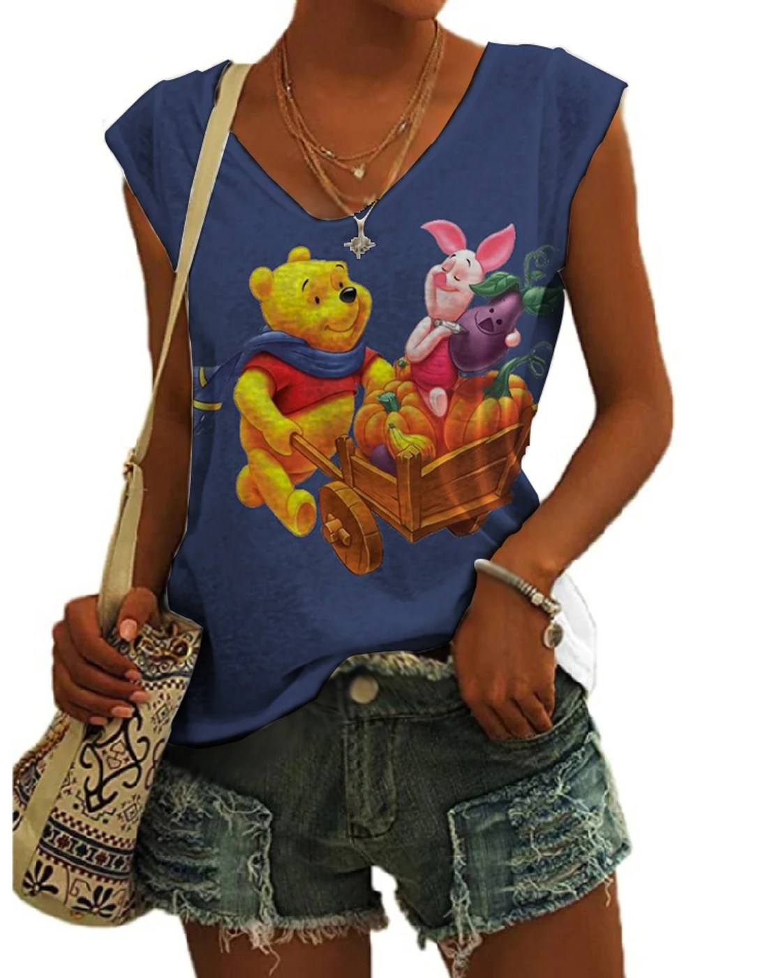 New Winnie the Pooh Cartoon Printed Women's Sleeveless Tank Top 2024 Summer Harajuku Street Slimming V-neck Fashion Casual Top