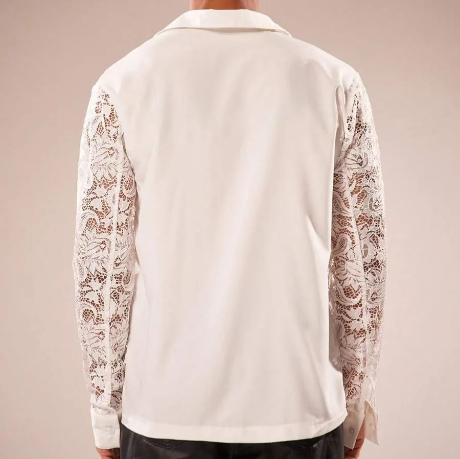 New Men's Floral Lace Button Shirt See-Through Long Sleeve Collar Top Sexy Club Dress