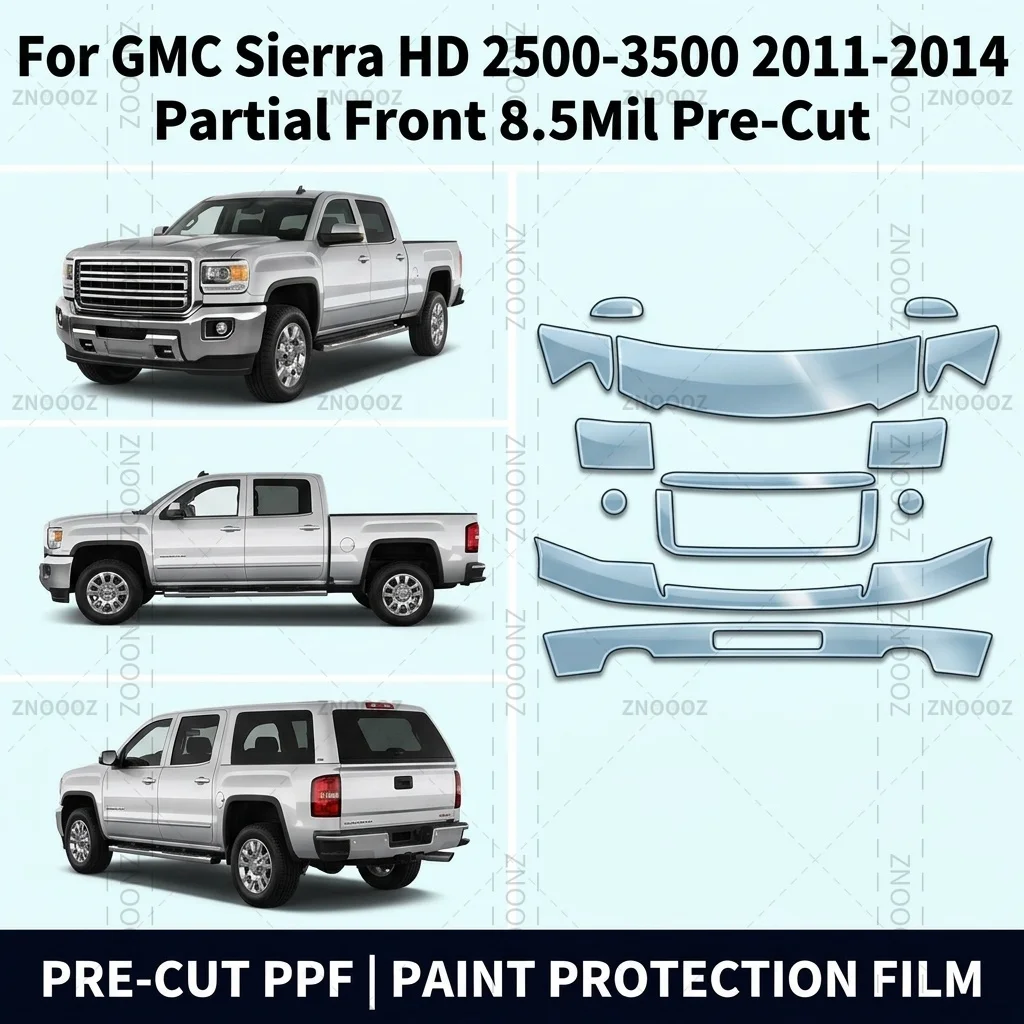 For GMC Sierra HD 2500-3500 2011-2014 Partial Front 8.5Mil Pre-Cut PPF Paint Protection Kit, TPU Self Healing, Anti Hydrophobic