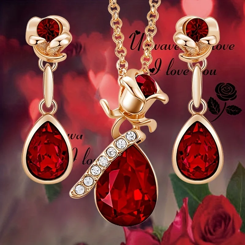 3pcs Elegant Rose & Waterdrop Rhinestone Necklace and Earrings Set - Perfect for Banquets &PartiesAnniversary PartyGifts Jewelry