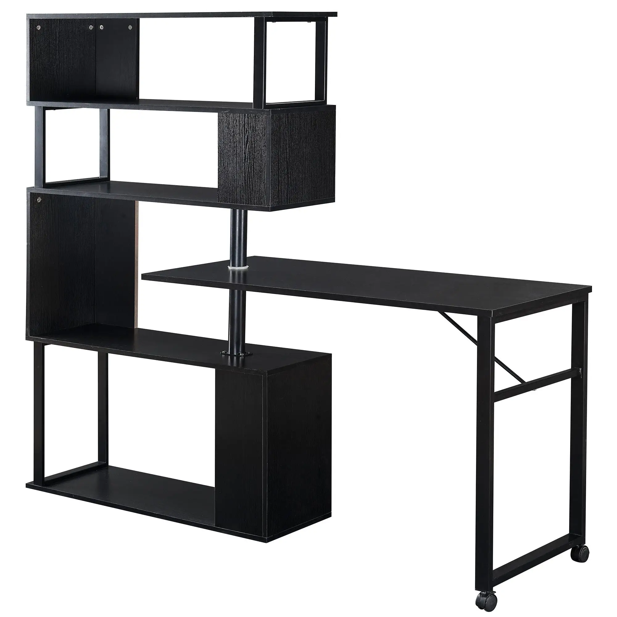 Modern L-Shaped Home Office Desk with Rotating Table & 5-Tier Bookshelf, Lockable Casters - Versatile Setup (Black)