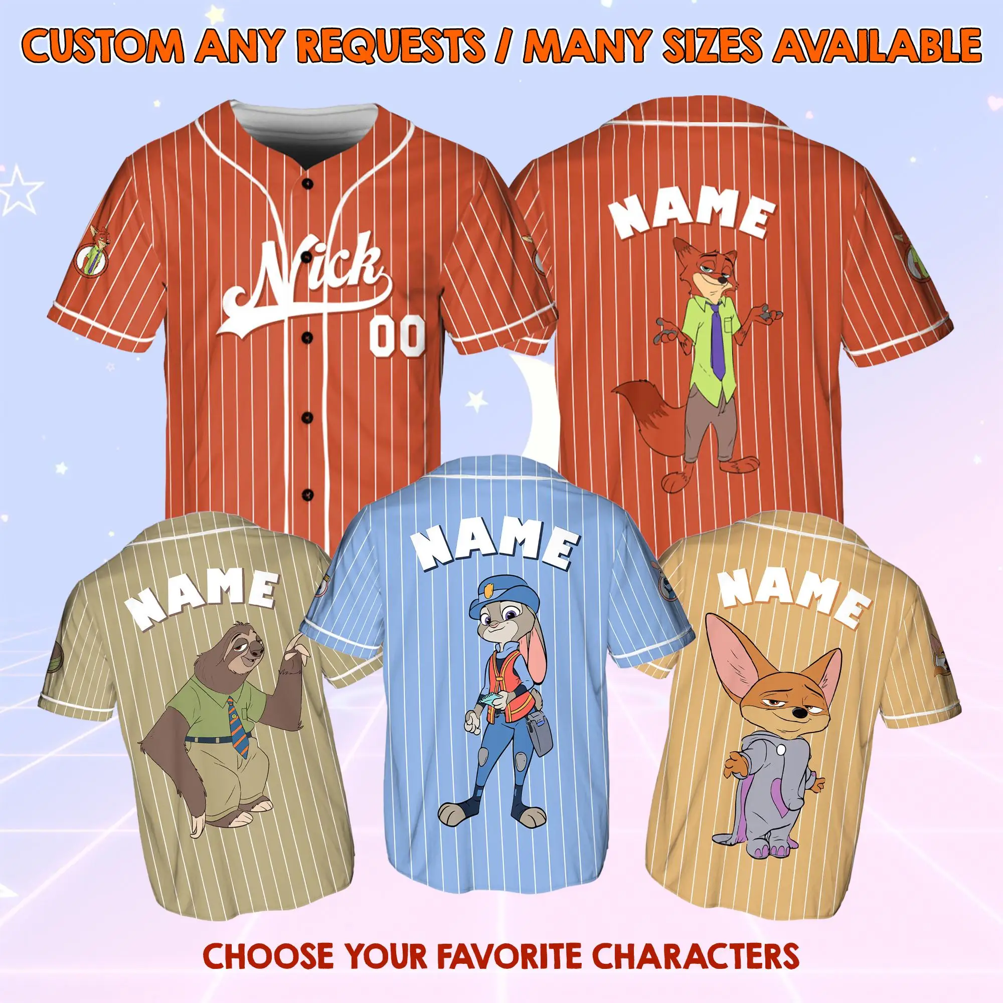 

Disney Zootopia Baseball Jerseys Disney Zootopia Matching Shirts Personalized Zootopia Character Jerseys Zootopia Movie Jerseys