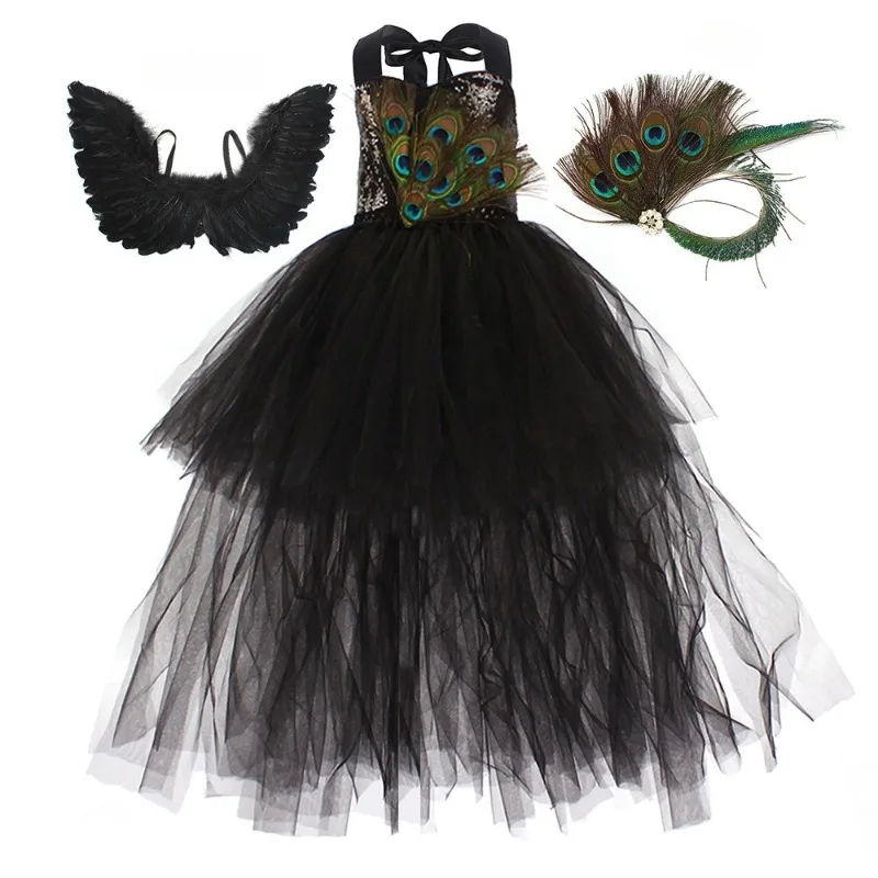 Black Sequin Tulle Prom Dress for Girls, Peacock‑Style Pageant Dress for Kids,Halloween Trailing Long Gown for Party Performance