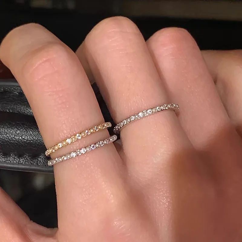 Ring Pearl Pave Narrow Band Stackable Elegant Dainty Premium Lightweight Silver Alloy Closed Comfortable Daily Jewelry for Her