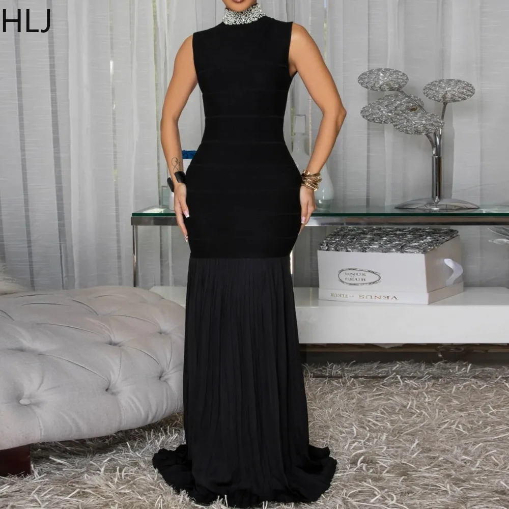 فساتين طويلة مثيرة مكشكشة من HLJ فساتين طويلة للنساء بياقة مدورة لؤلؤية بدون أكمام فستان ماكسي بطيات ملابس خروج نسائية