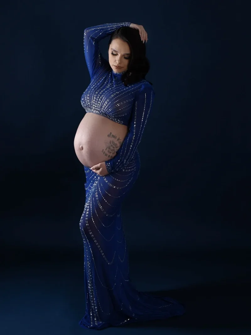 Stretchy Crystal Maternity Photo Shoot Dresses Set Rhinestone Sexy Navel Exposed Pregnancy Photography Outfit Cut Out Women Gown